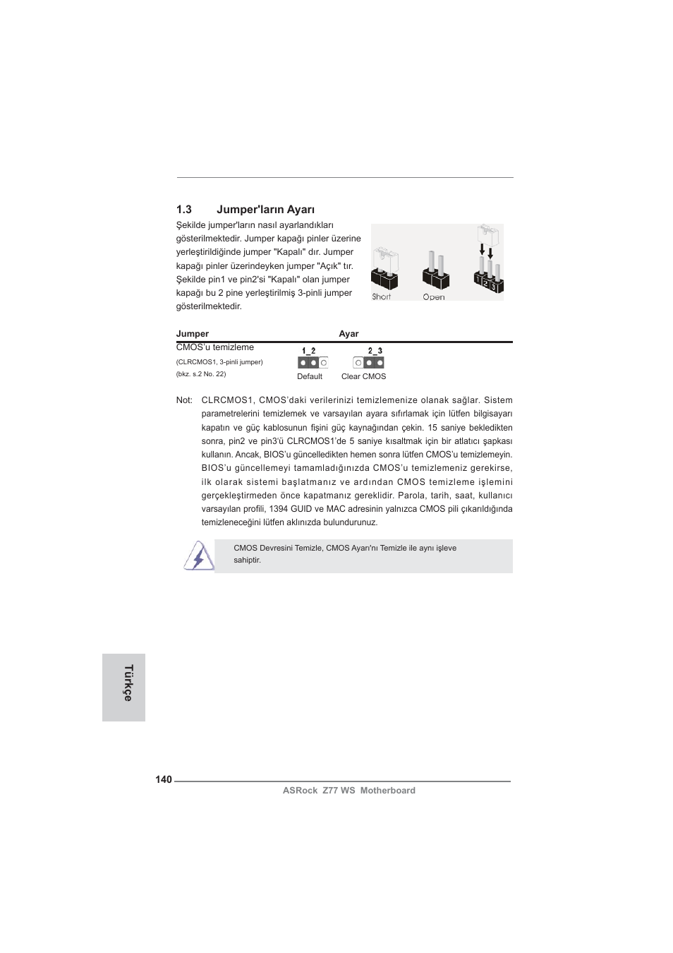 3 jumper'ların ayarı, Türkçe | ASRock Z77 WS User Manual | Page 140 / 208