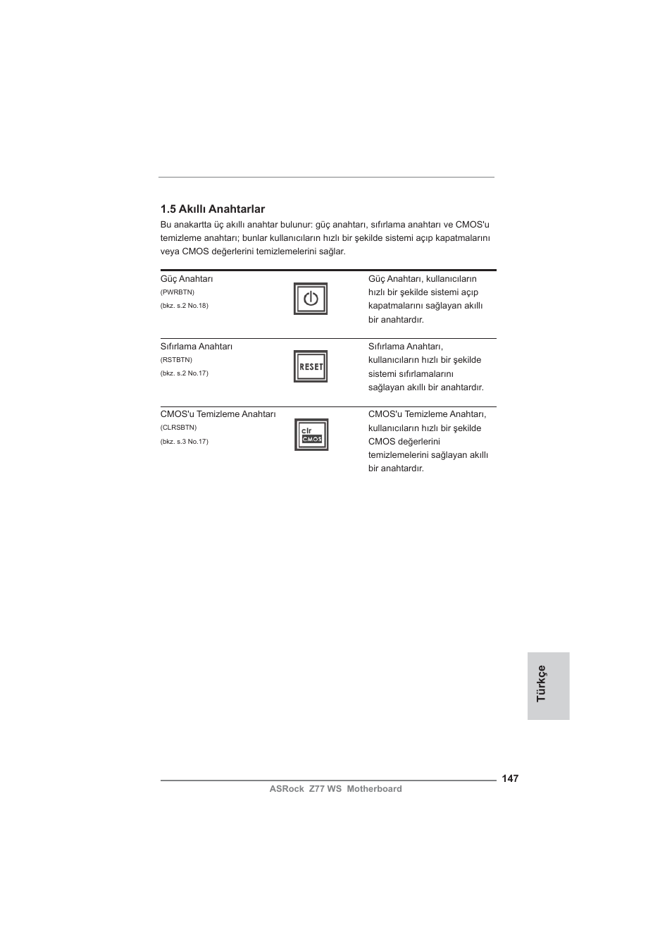 5 akıllı anahtarlar, Türkçe | ASRock Z77 WS User Manual | Page 147 / 208