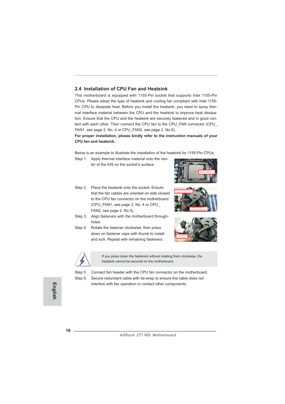 English 2.4 installation of cpu fan and heatsink | ASRock Z77 WS User Manual | Page 16 / 208