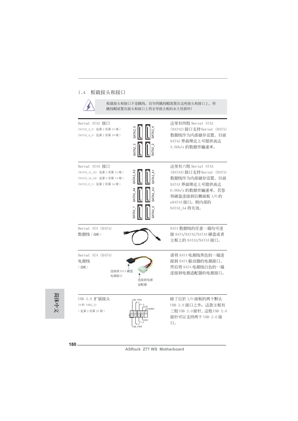 4 板載接頭和接口, 簡體中文 | ASRock Z77 WS User Manual | Page 180 / 208