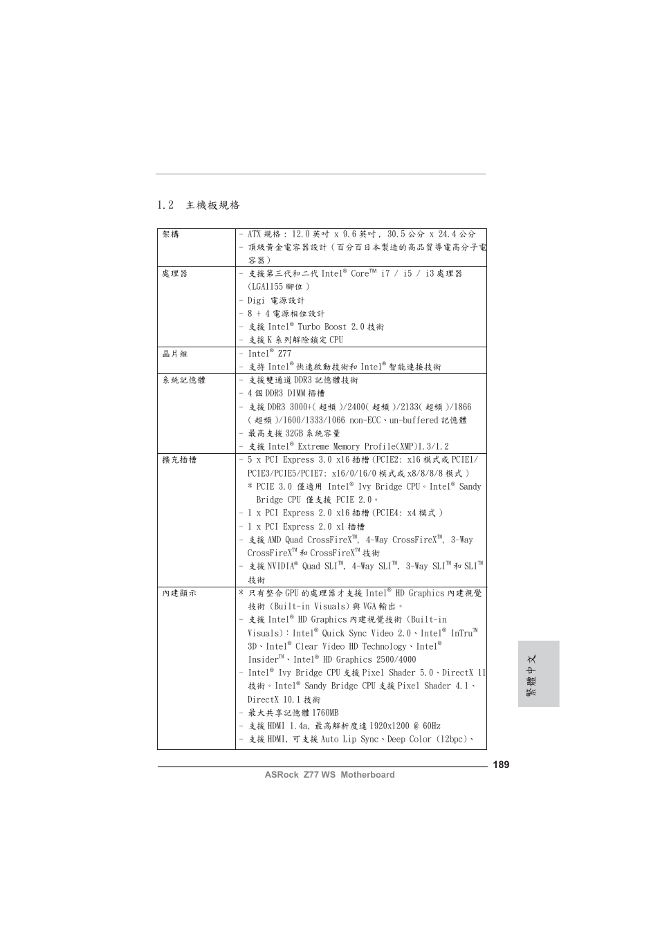 繁體中文 1.2 主機板規格 | ASRock Z77 WS User Manual | Page 189 / 208