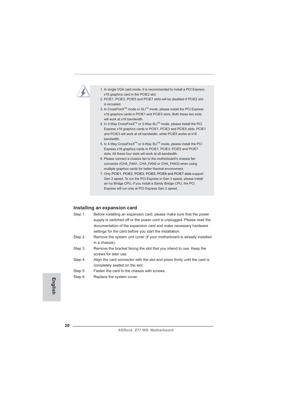 English installing an expansion card | ASRock Z77 WS User Manual | Page 20 / 208