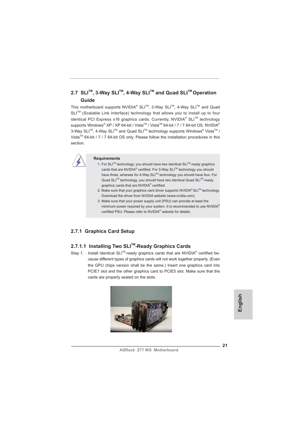 English 2.7 sli, Way sli, And quad sli | Operation guide, Ready graphics cards | ASRock Z77 WS User Manual | Page 21 / 208