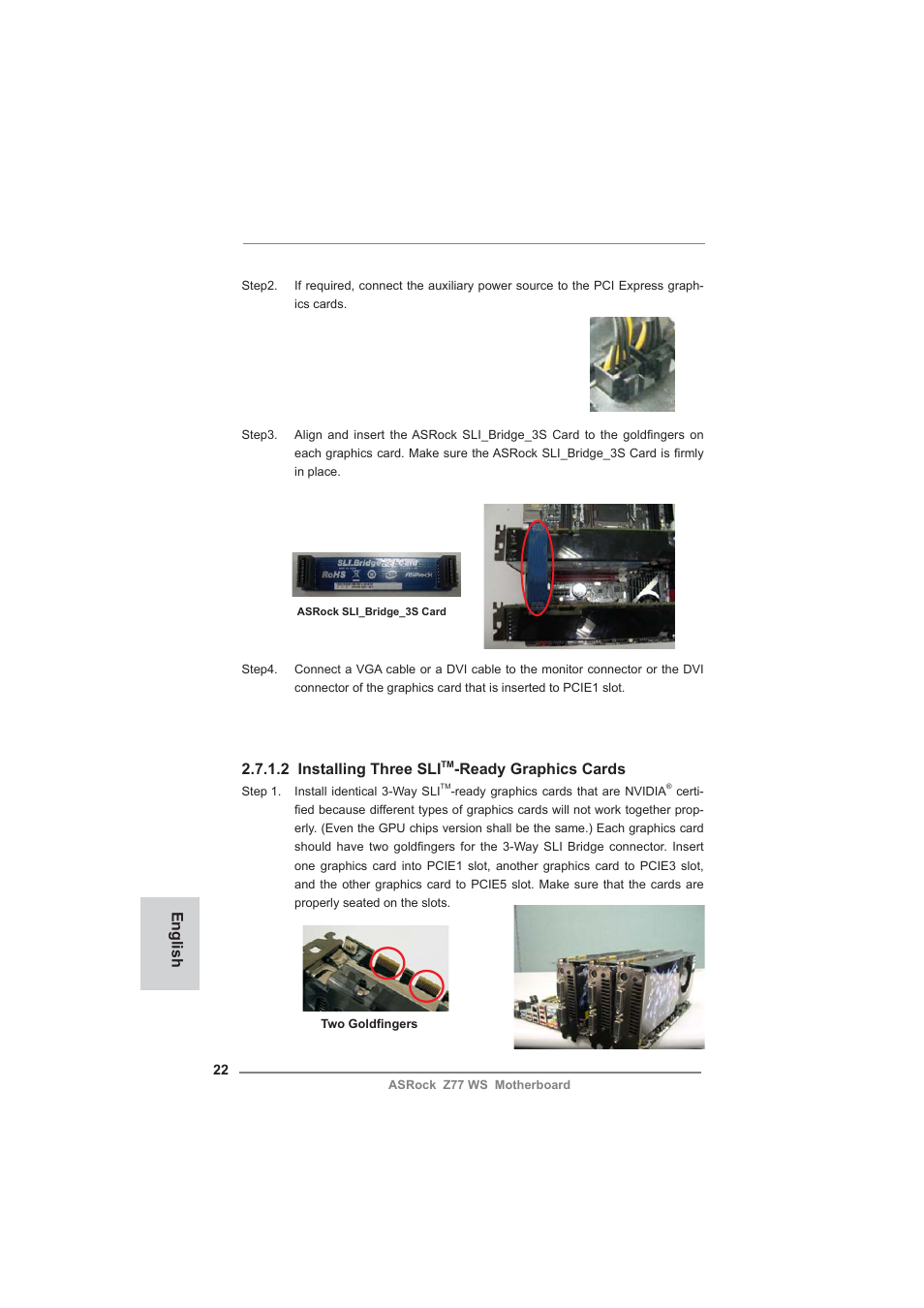 English, 2 installing three sli, Ready graphics cards | ASRock Z77 WS User Manual | Page 22 / 208