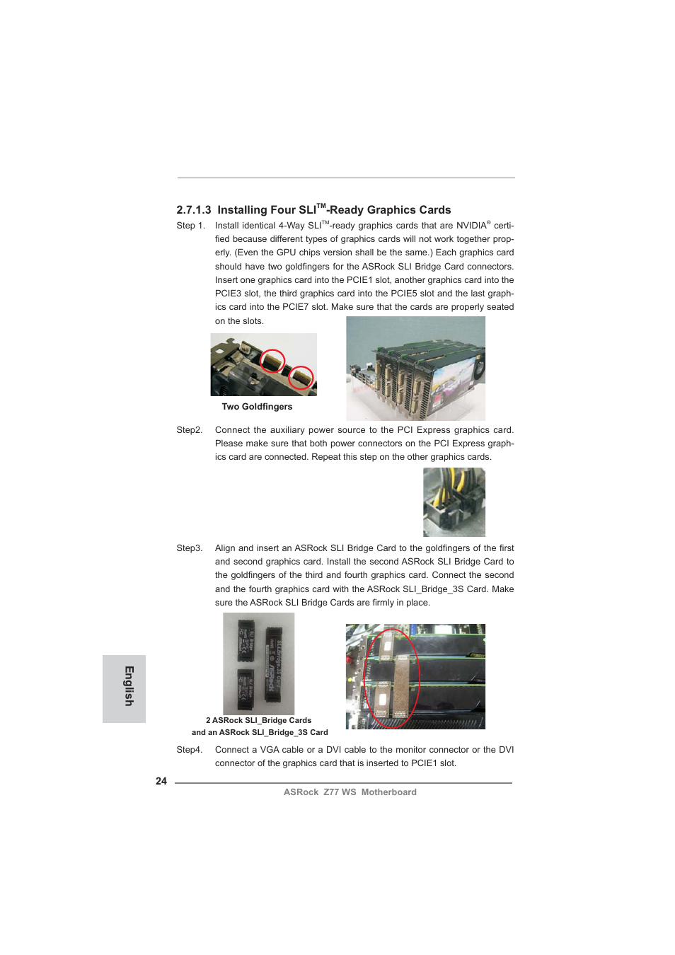 English 2.7.1.3 installing four sli, Ready graphics cards | ASRock Z77 WS User Manual | Page 24 / 208