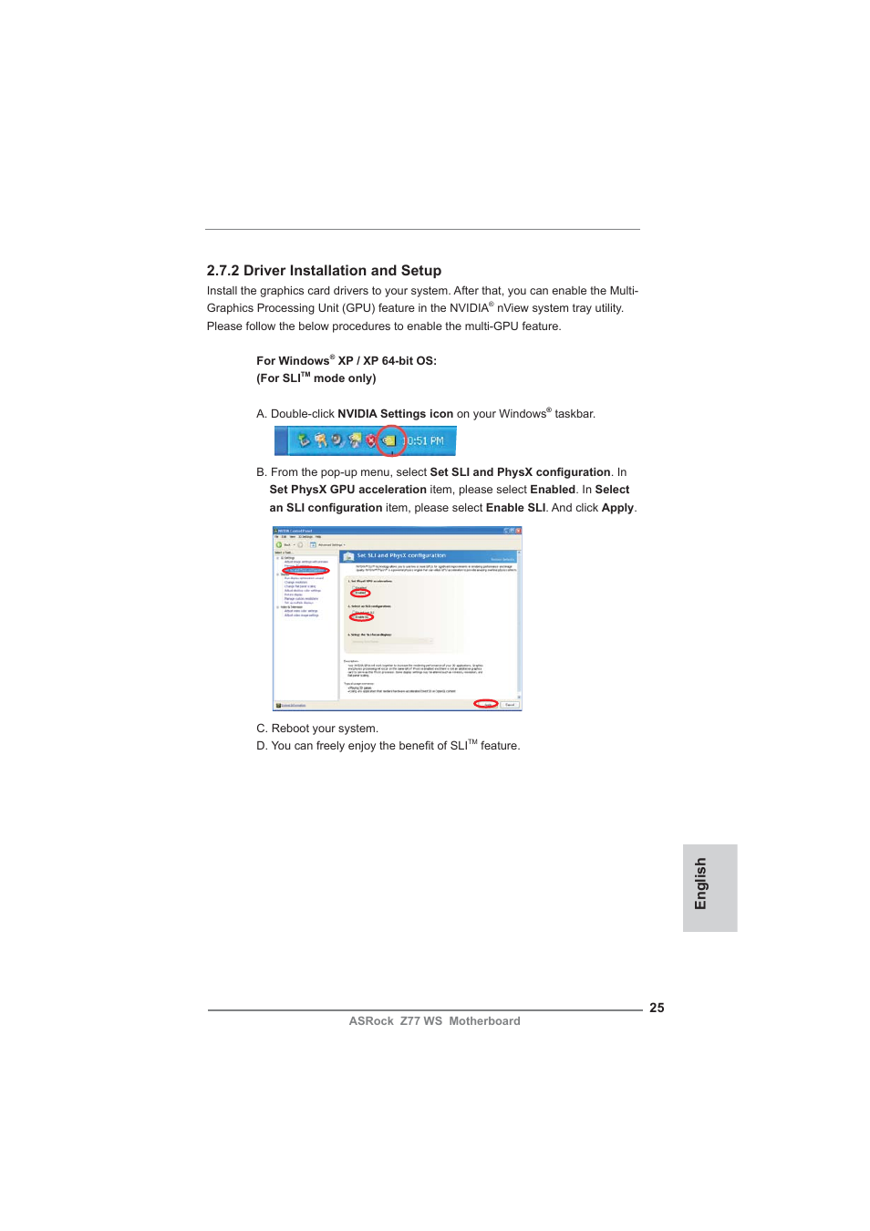 English 2.7.2 driver installation and setup | ASRock Z77 WS User Manual | Page 25 / 208