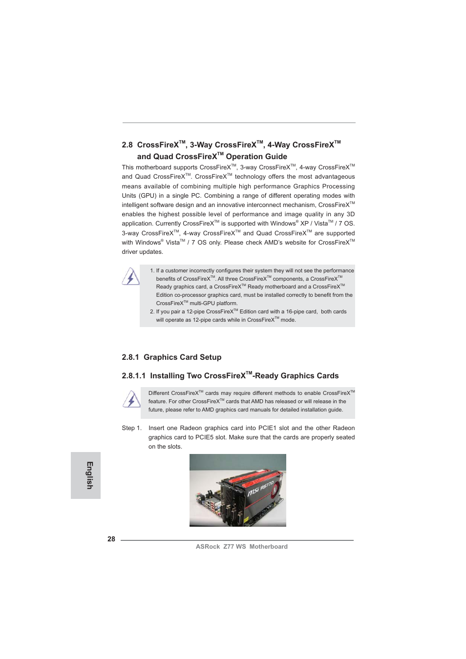 English 2.8 crossfirex, Way crossfirex, And quad crossfirex | Operation guide, Ready graphics cards | ASRock Z77 WS User Manual | Page 28 / 208