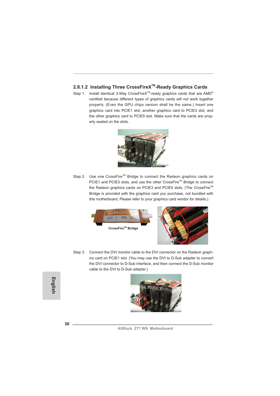 English 2.8.1.2 installing three crossfirex, Ready graphics cards | ASRock Z77 WS User Manual | Page 30 / 208