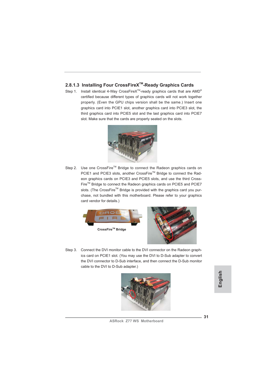English 2.8.1.3 installing four crossfirex, Ready graphics cards | ASRock Z77 WS User Manual | Page 31 / 208