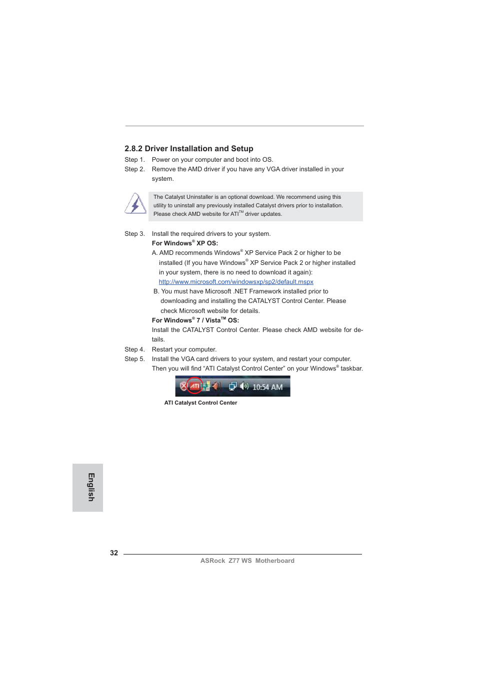 English, 2 driver installation and setup | ASRock Z77 WS User Manual | Page 32 / 208