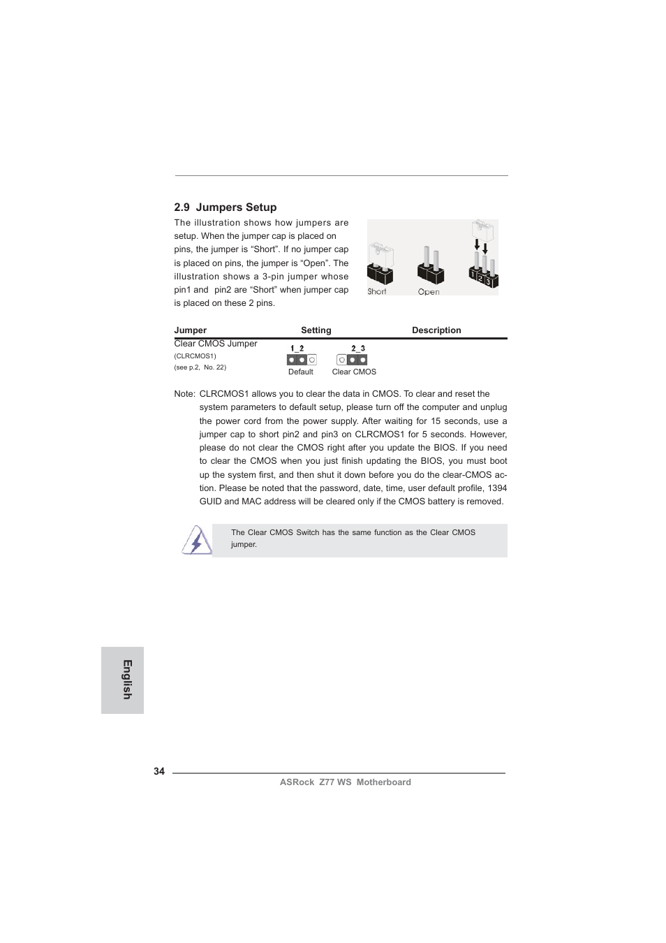 English 2.9 jumpers setup | ASRock Z77 WS User Manual | Page 34 / 208