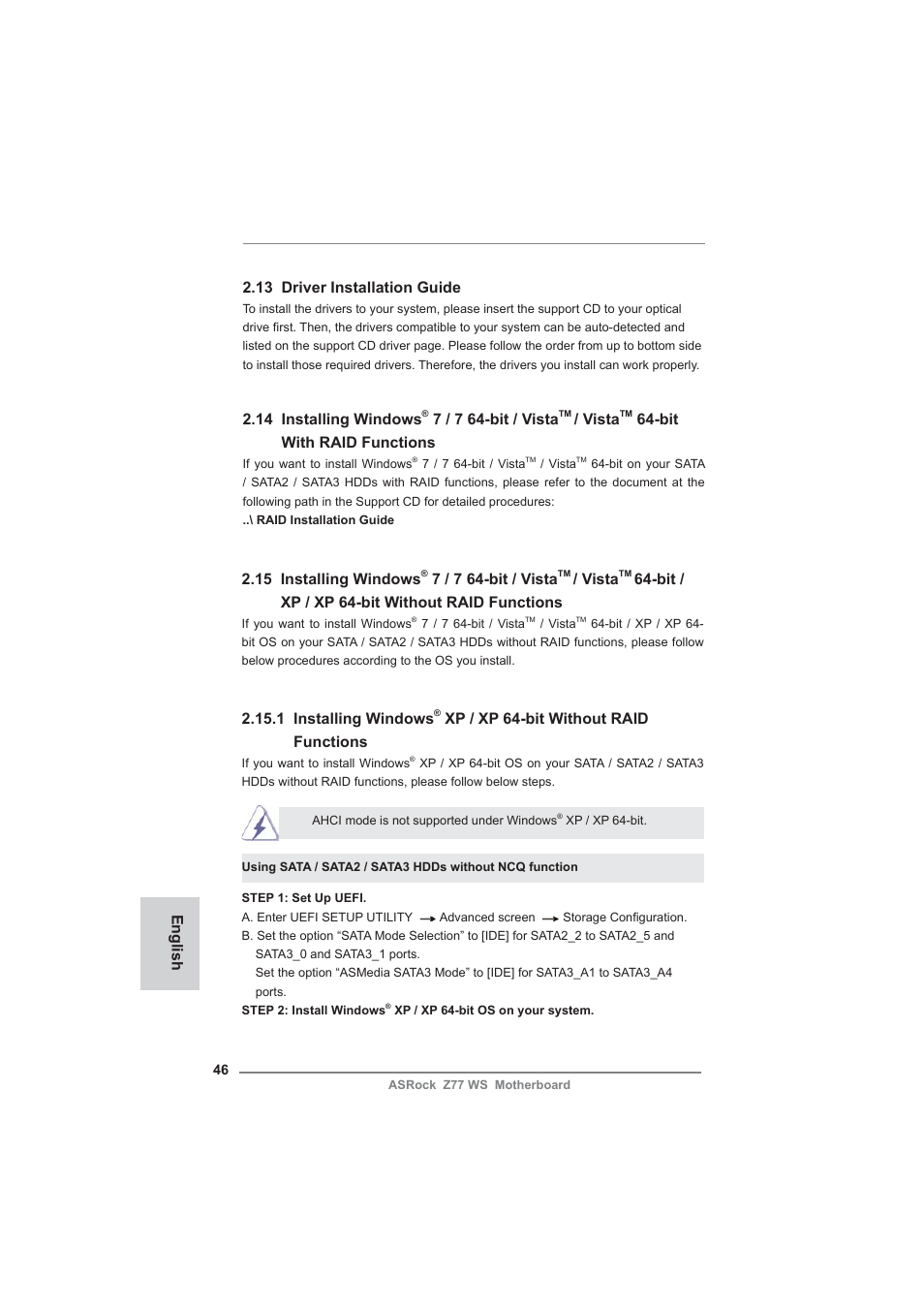 English 2.13 driver installation guide, 14 installing windows, 7 / 7 64-bit / vista | Vista, Bit with raid functions, 15 installing windows, Bit / xp / xp 64-bit without raid functions, 1 installing windows, Xp / xp 64-bit without raid functions | ASRock Z77 WS User Manual | Page 46 / 208