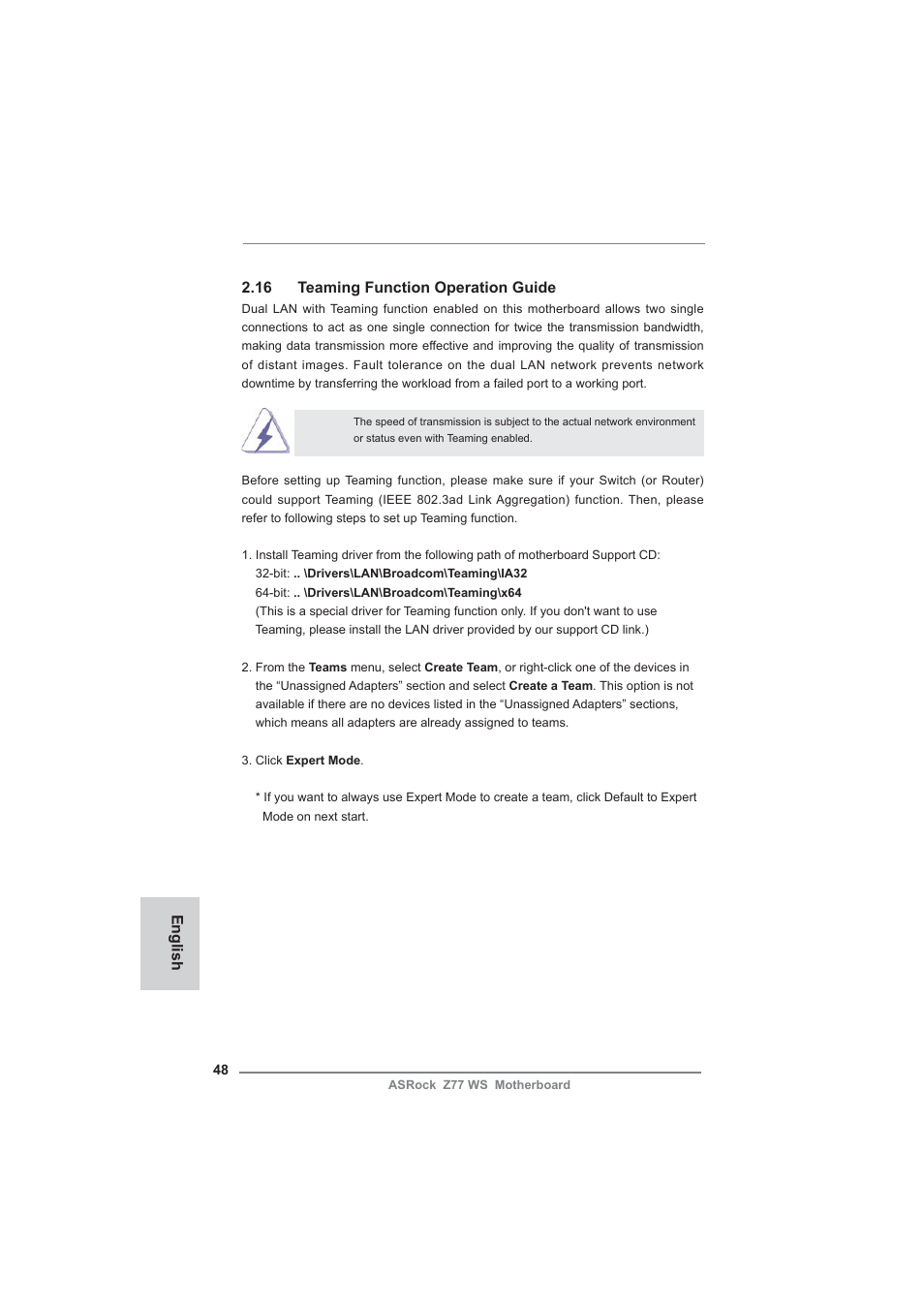 English 2.16 teaming function operation guide | ASRock Z77 WS User Manual | Page 48 / 208