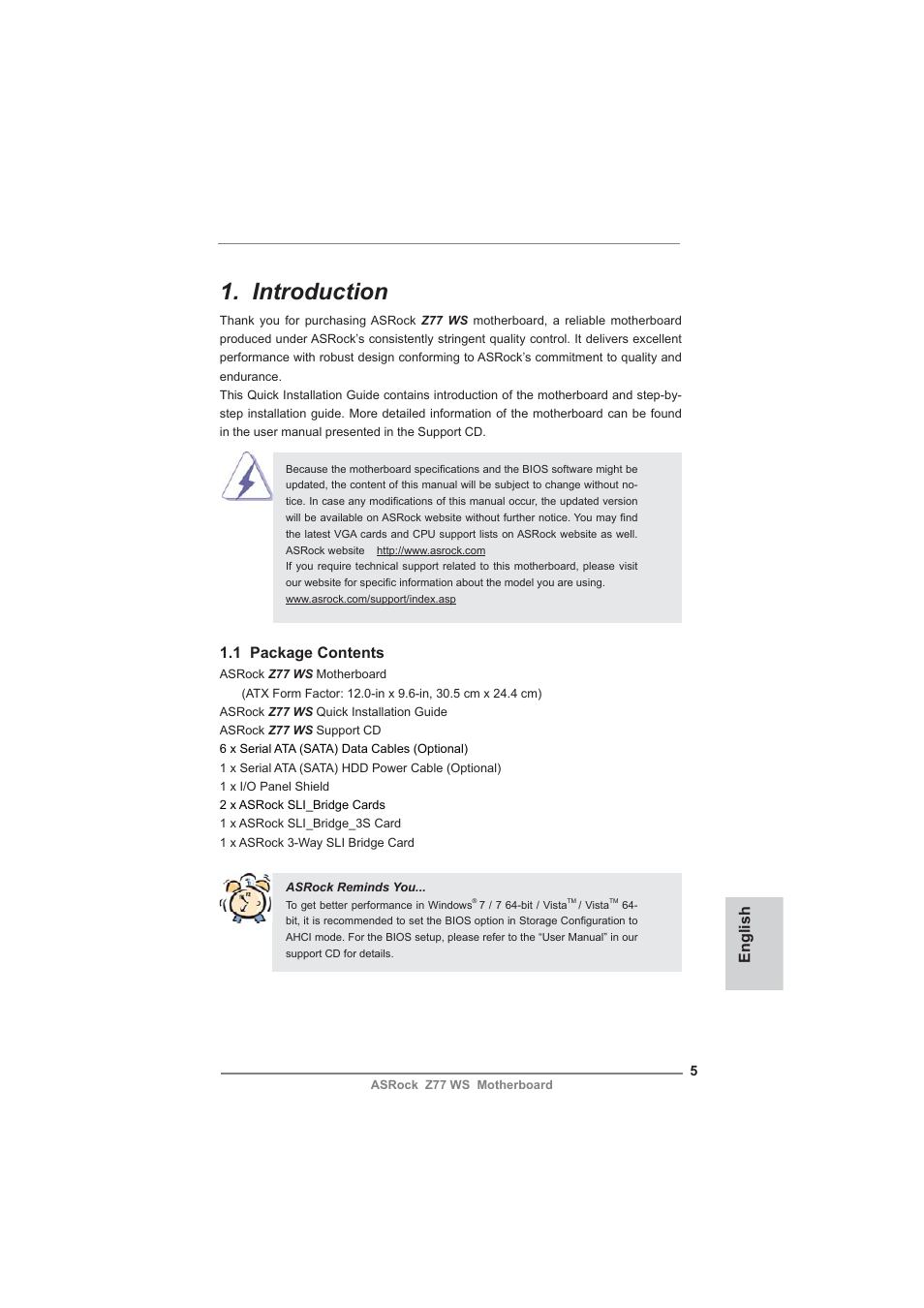 Introduction, 1 package contents, English | ASRock Z77 WS User Manual | Page 5 / 208