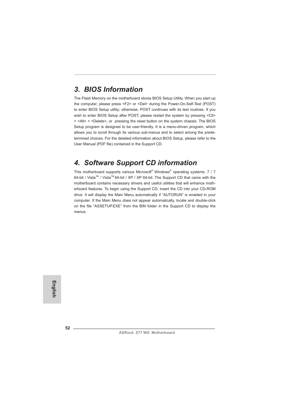 Bios information, Software support cd information, English | ASRock Z77 WS User Manual | Page 52 / 208
