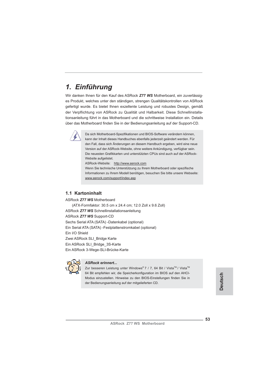 German, Einführung, Deutsch | 1 kartoninhalt | ASRock Z77 WS User Manual | Page 53 / 208