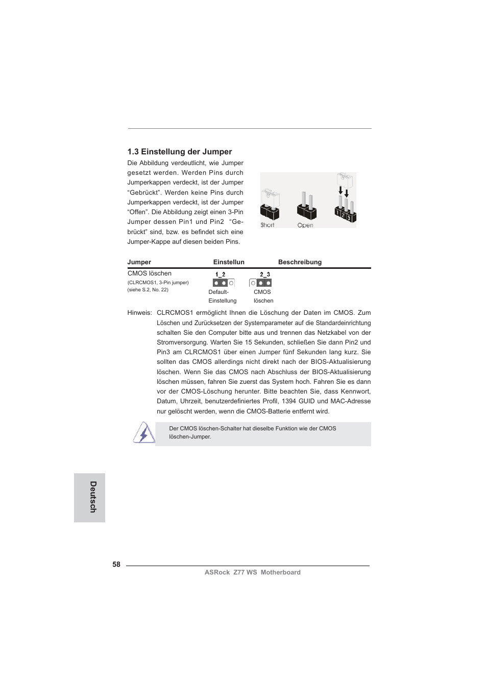 Deutsch 1.3 einstellung der jumper | ASRock Z77 WS User Manual | Page 58 / 208