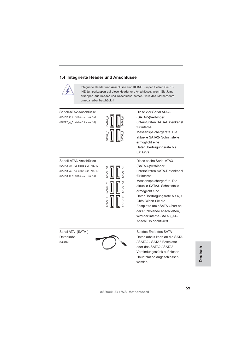 Deutsch, 4 integrierte header und anschlüsse | ASRock Z77 WS User Manual | Page 59 / 208