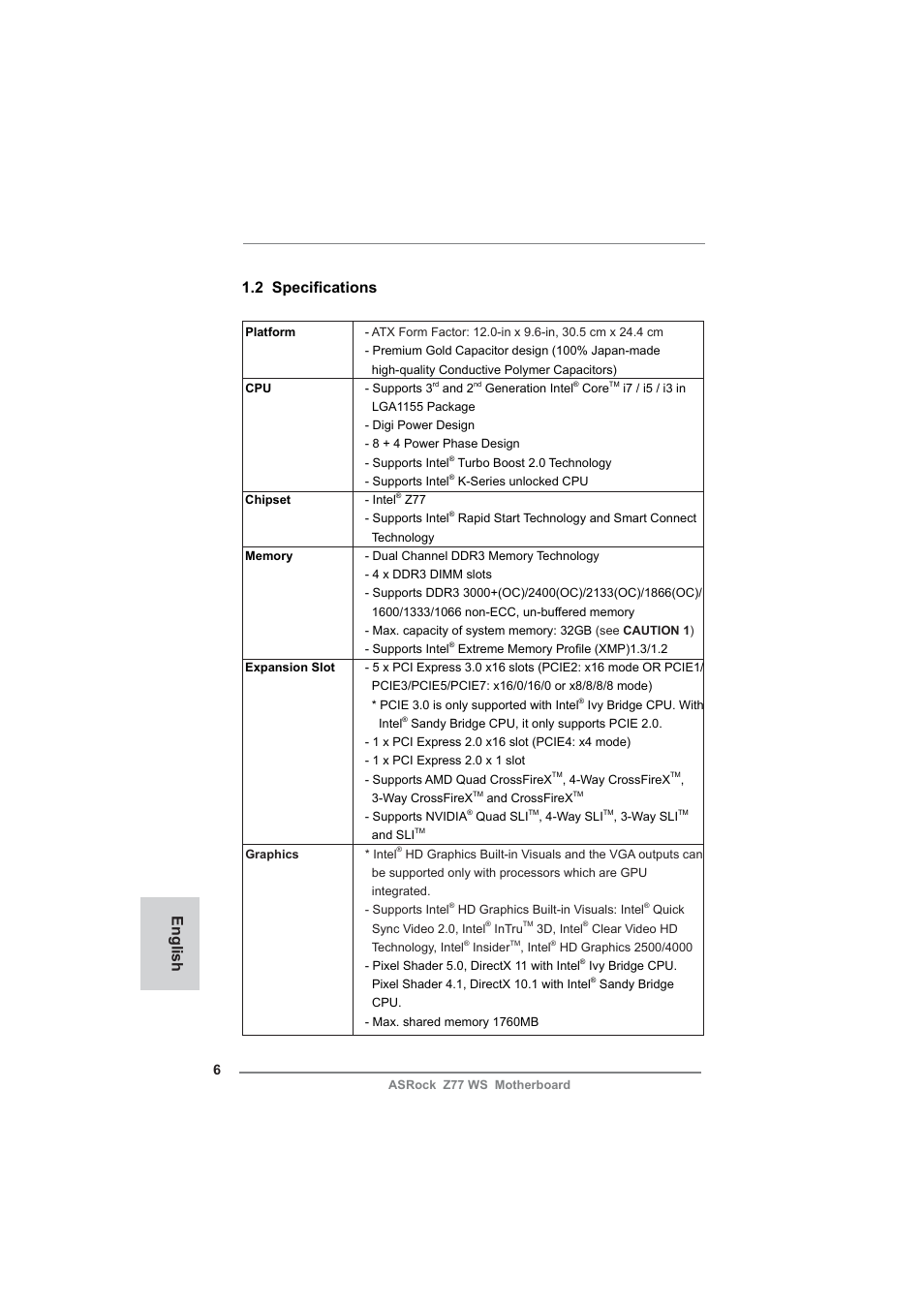 English 1.2 specifi cations | ASRock Z77 WS User Manual | Page 6 / 208