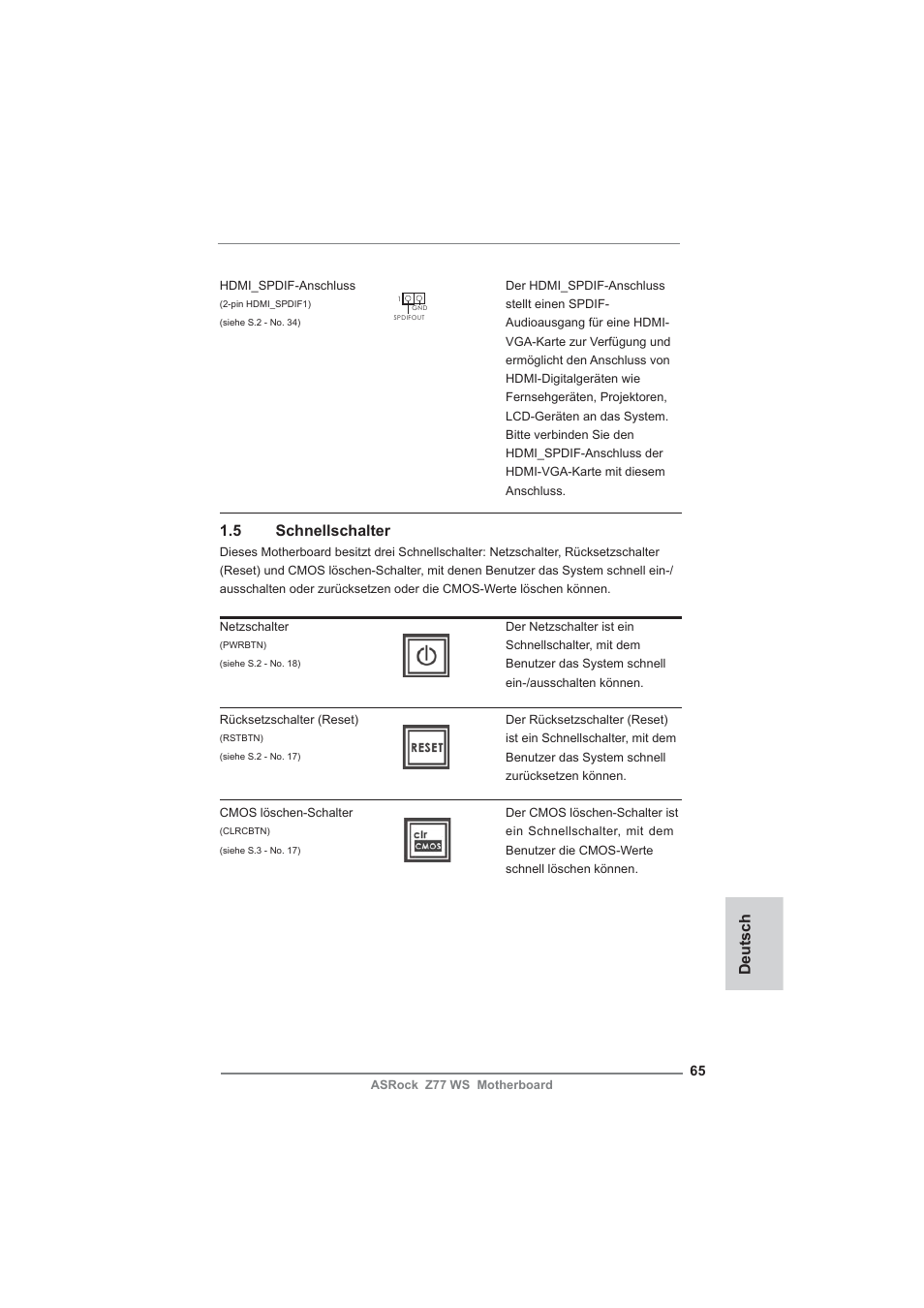 5 schnellschalter, Deutsch | ASRock Z77 WS User Manual | Page 65 / 208