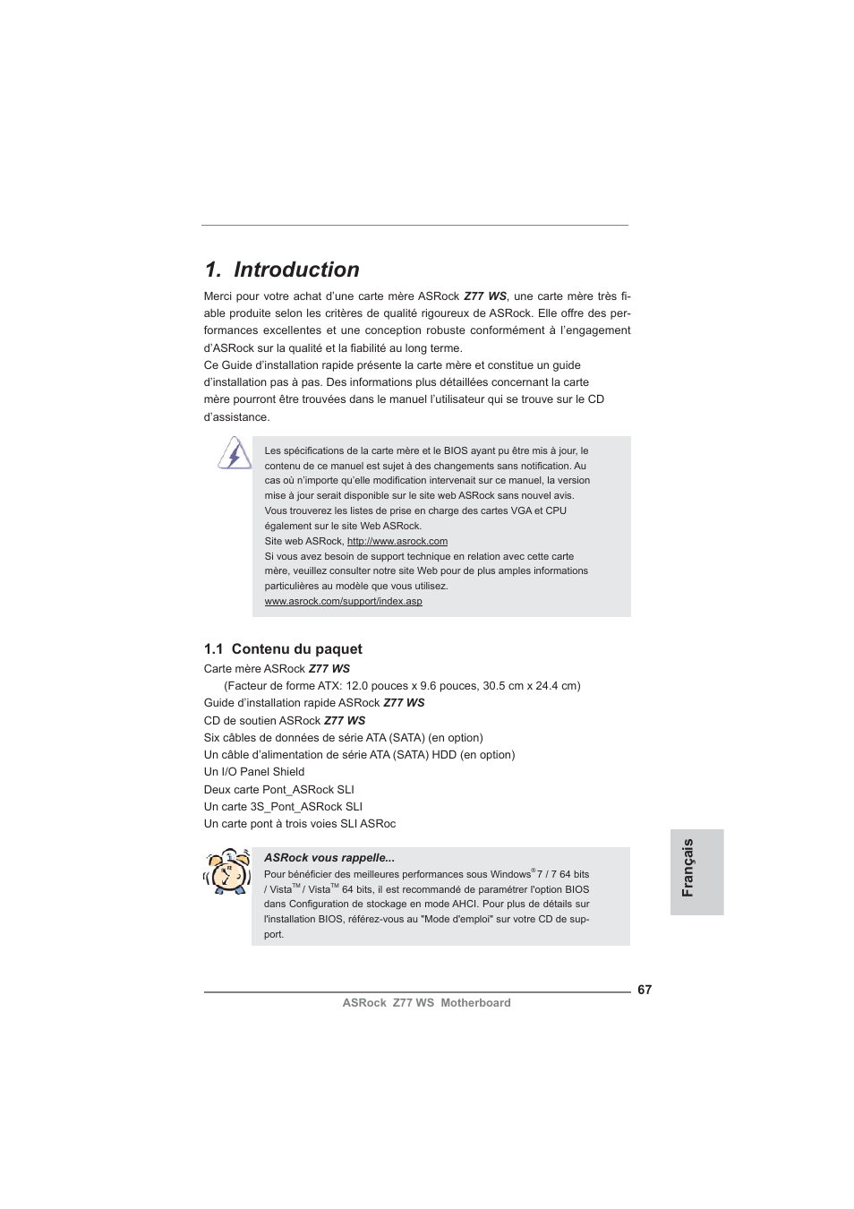 French, Introduction, 1 contenu du paquet | Français | ASRock Z77 WS User Manual | Page 67 / 208