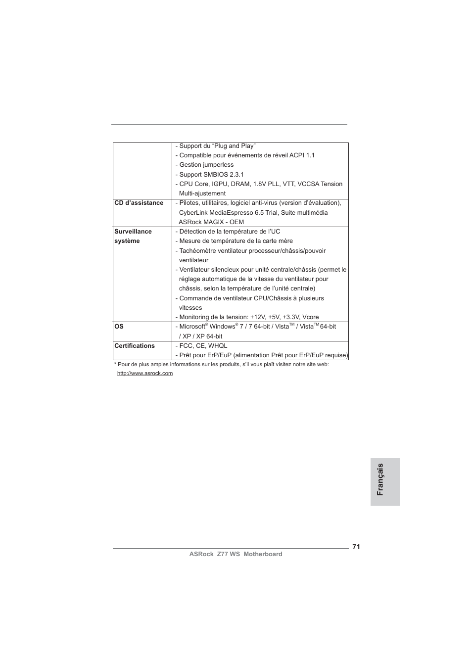 Français | ASRock Z77 WS User Manual | Page 71 / 208