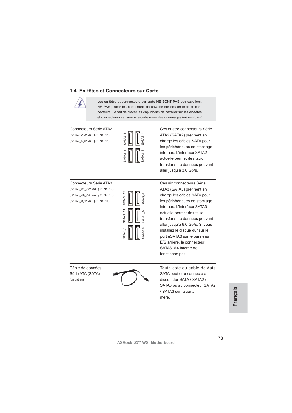 4 en-têtes et connecteurs sur carte, Français | ASRock Z77 WS User Manual | Page 73 / 208