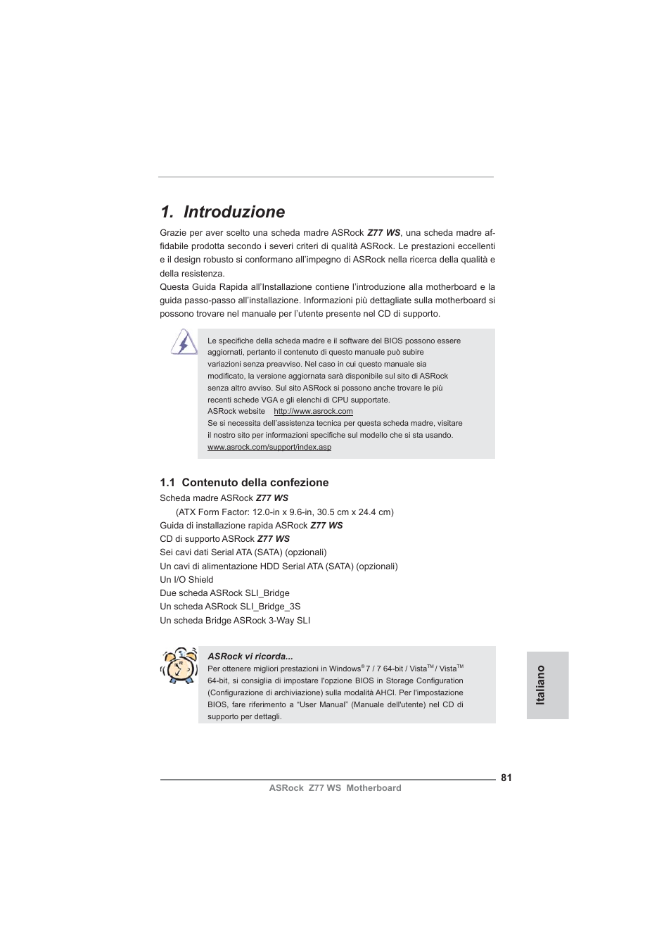 Italian, Introduzione, 1 contenuto della confezione | Italiano | ASRock Z77 WS User Manual | Page 81 / 208