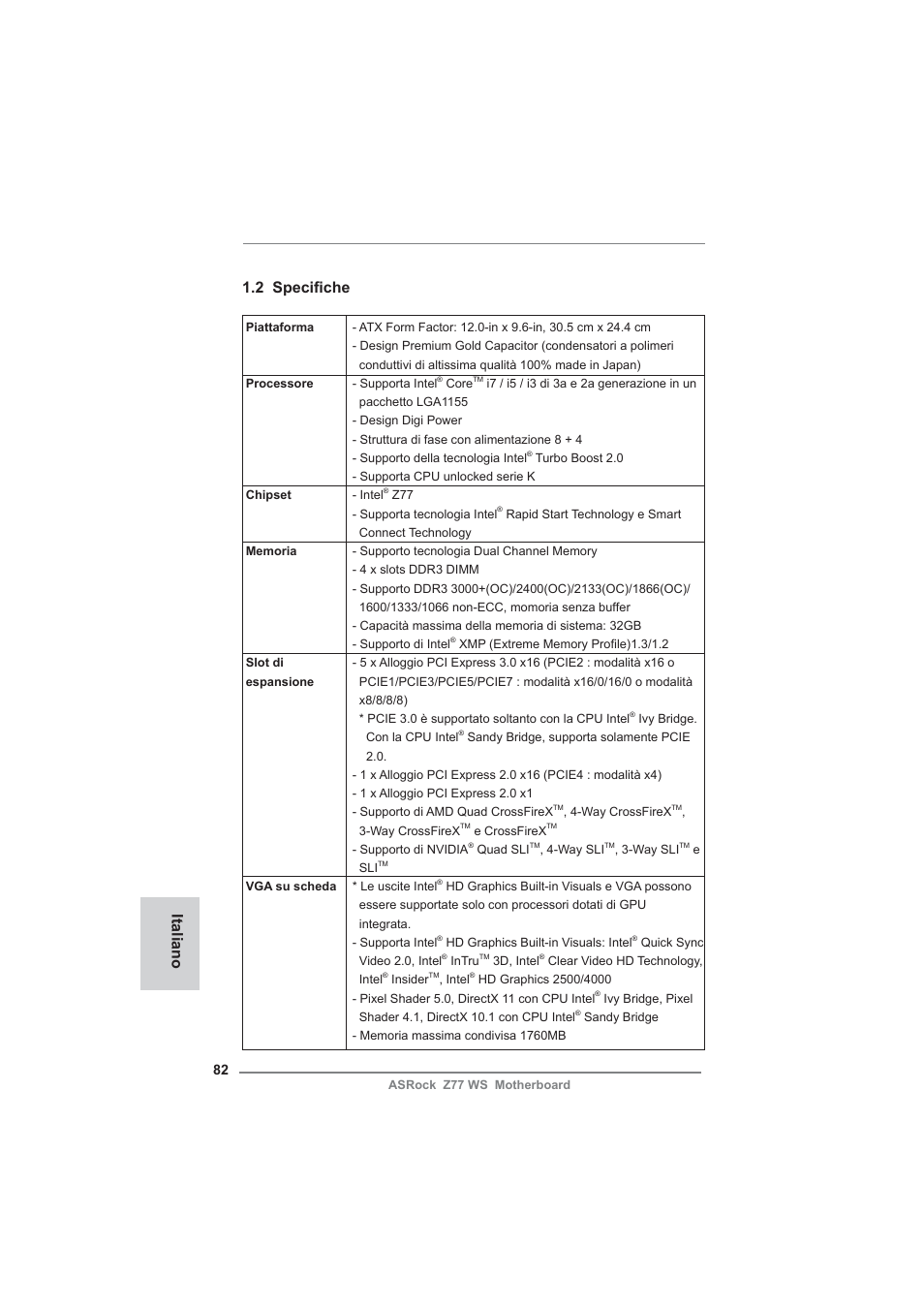2 specifi che, Italiano | ASRock Z77 WS User Manual | Page 82 / 208