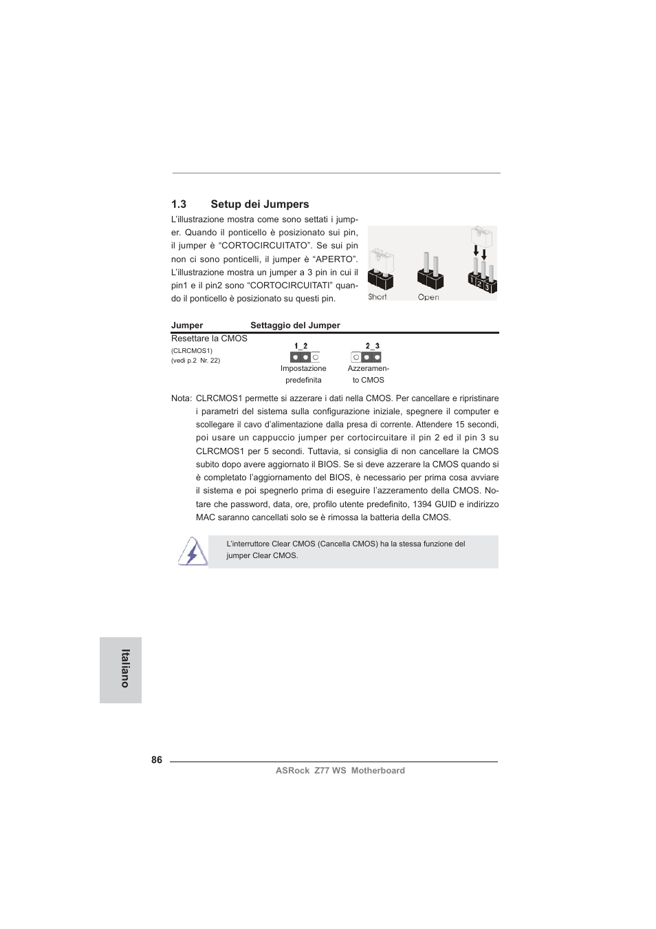 3 setup dei jumpers, Italiano | ASRock Z77 WS User Manual | Page 86 / 208
