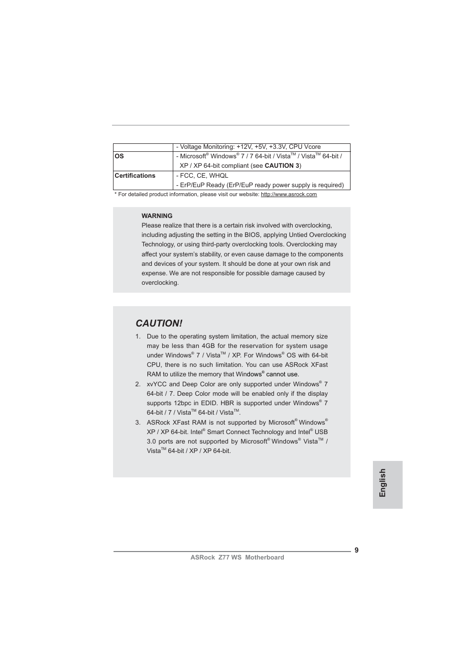 Caut ion, English | ASRock Z77 WS User Manual | Page 9 / 208