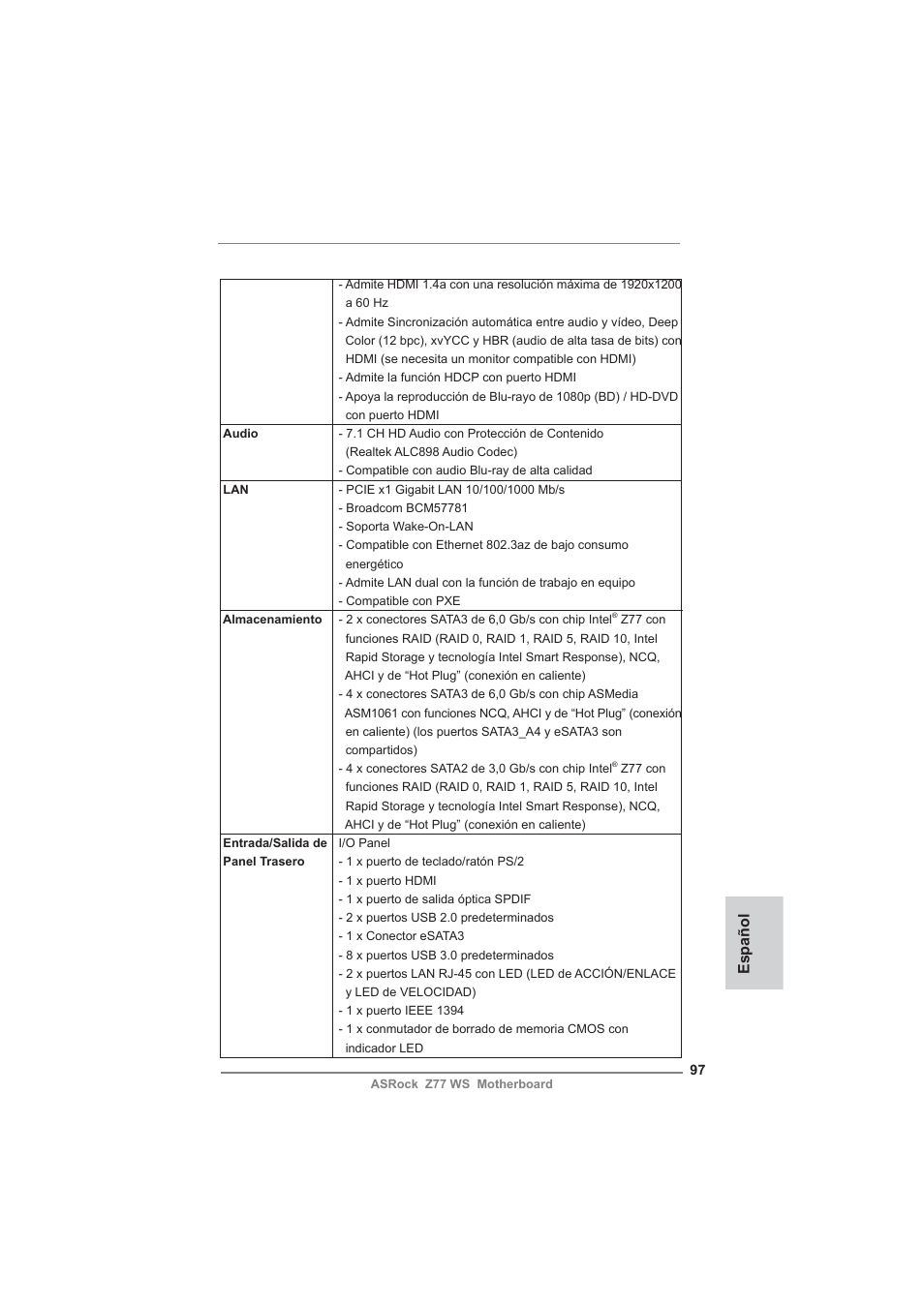 Español | ASRock Z77 WS User Manual | Page 97 / 208