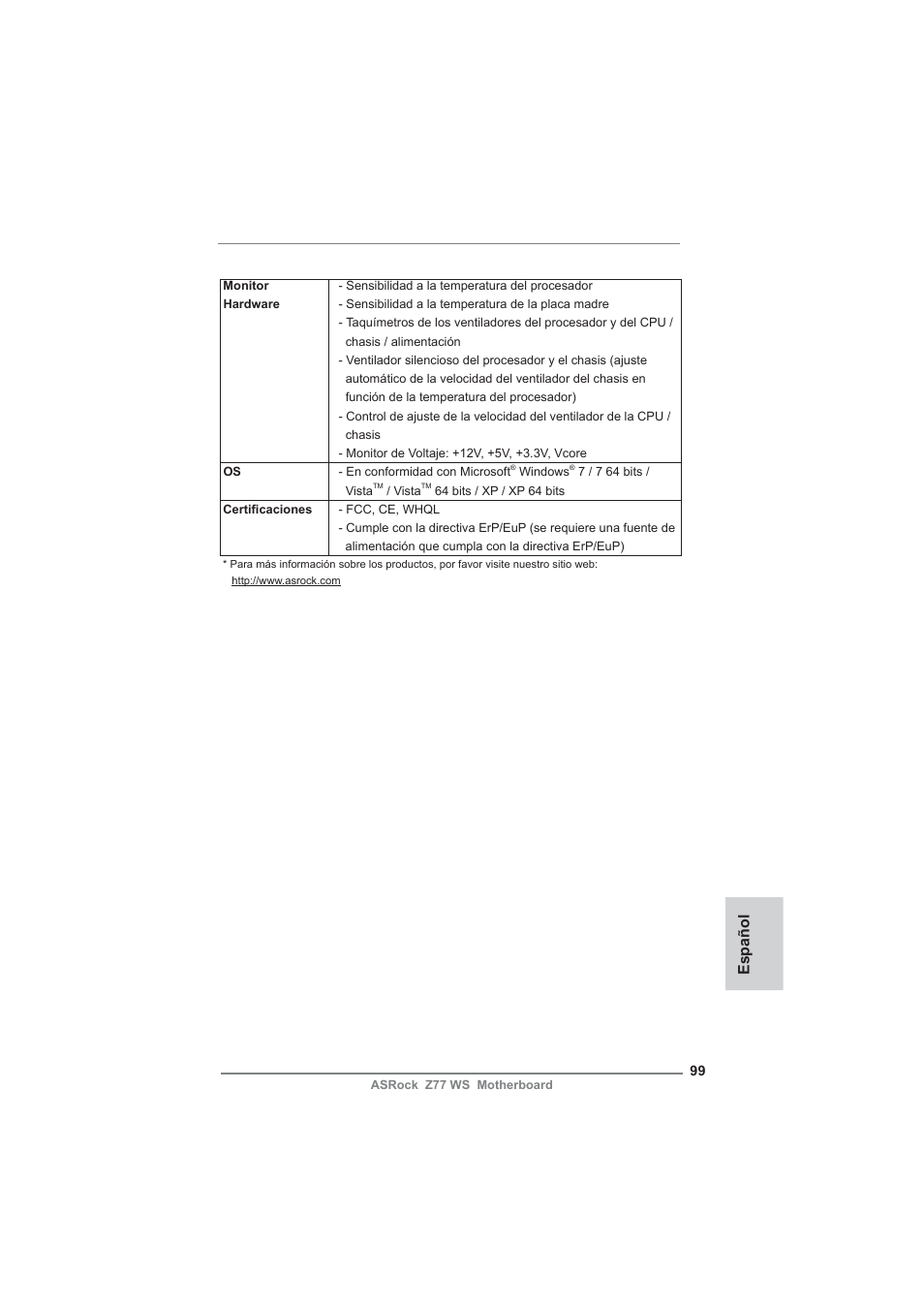 Español | ASRock Z77 WS User Manual | Page 99 / 208