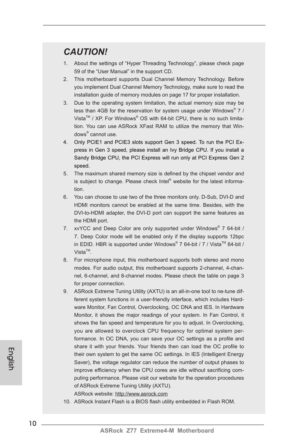 Caution, English, Asrock z77 extreme4-m motherboard | ASRock Z77 Extreme4-M User Manual | Page 10 / 237