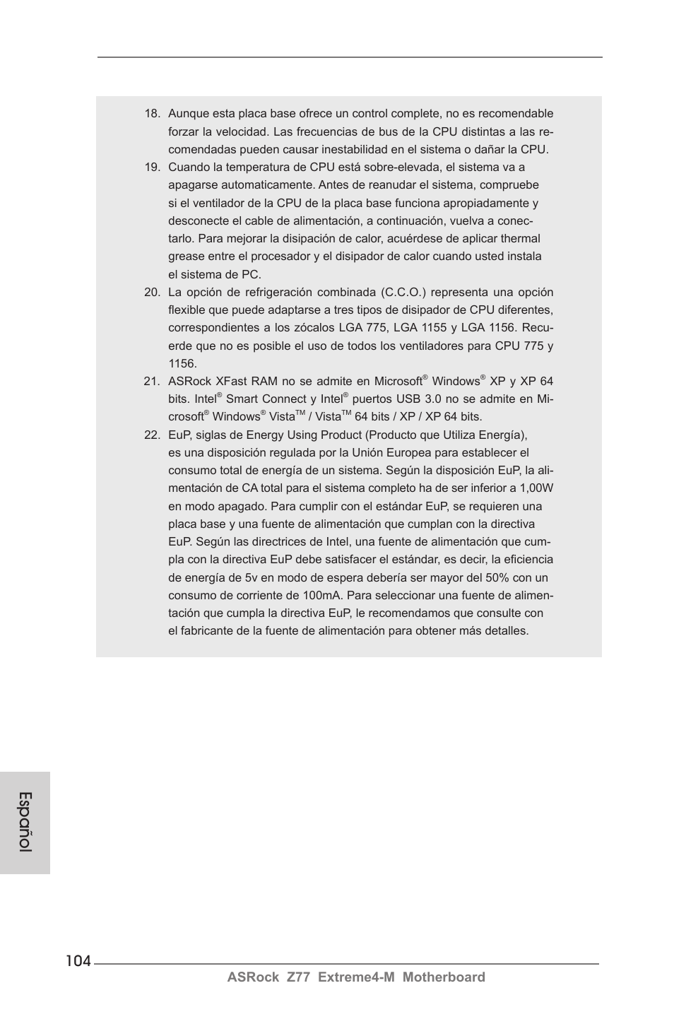 Español, Asrock z77 extreme4-m motherboard | ASRock Z77 Extreme4-M User Manual | Page 104 / 237