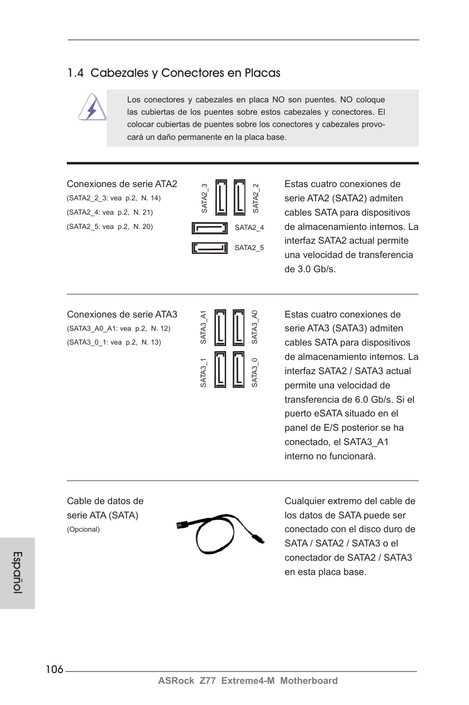 Español 1.4 cabezales y conectores en placas | ASRock Z77 Extreme4-M User Manual | Page 106 / 237