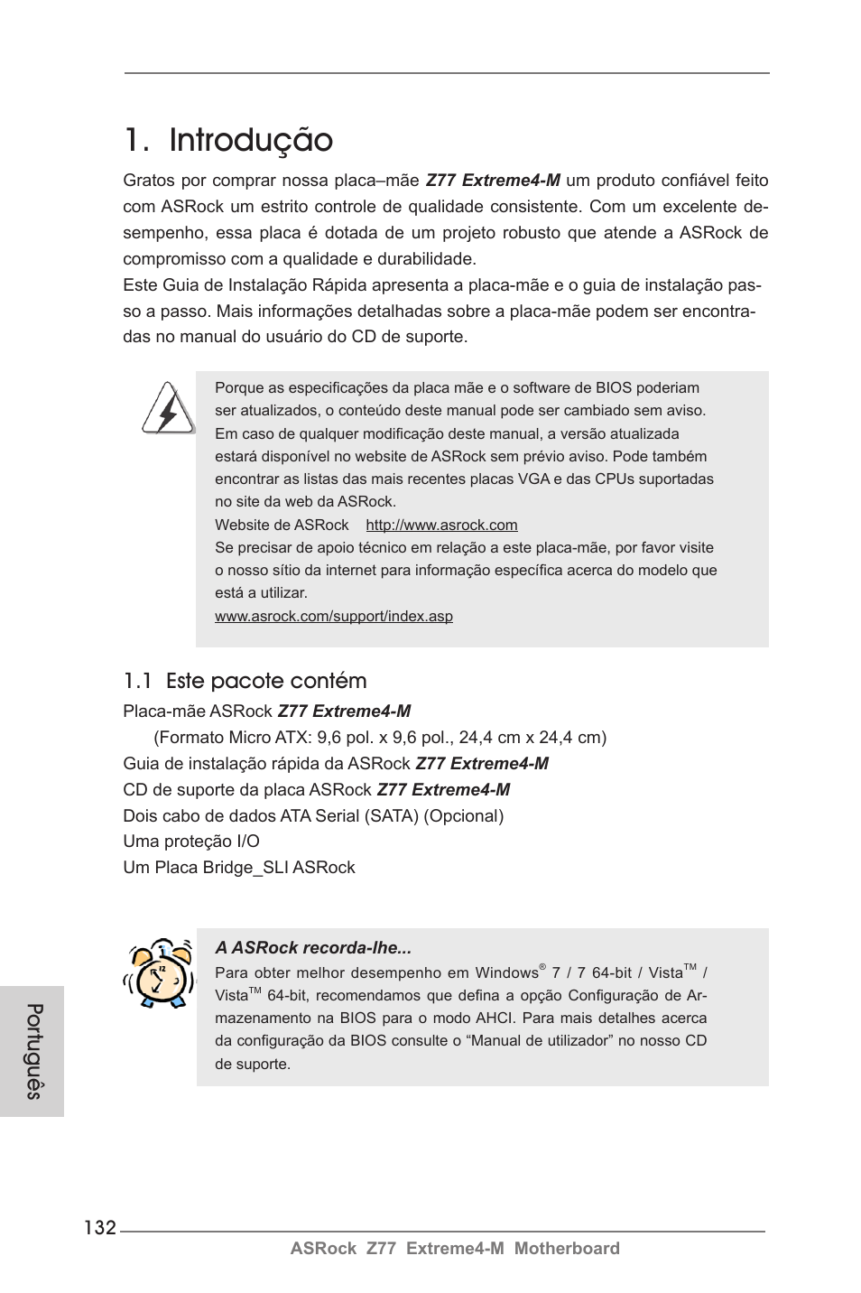 Portuguese, Introdução, 1 este pacote contém | Por tuguês | ASRock Z77 Extreme4-M User Manual | Page 132 / 237