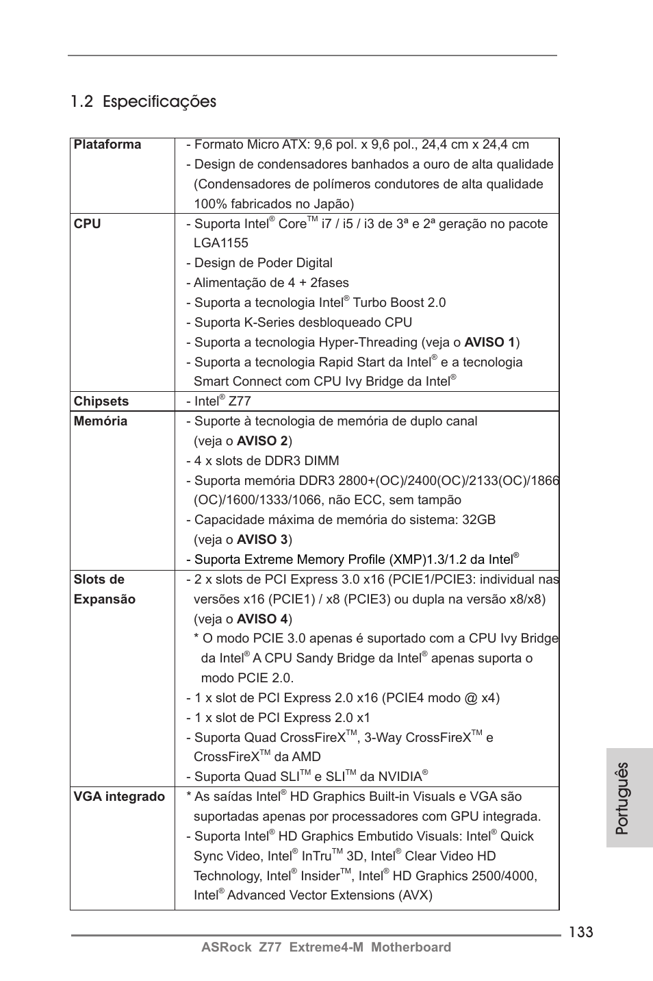 2 especificações, Por tuguês | ASRock Z77 Extreme4-M User Manual | Page 133 / 237