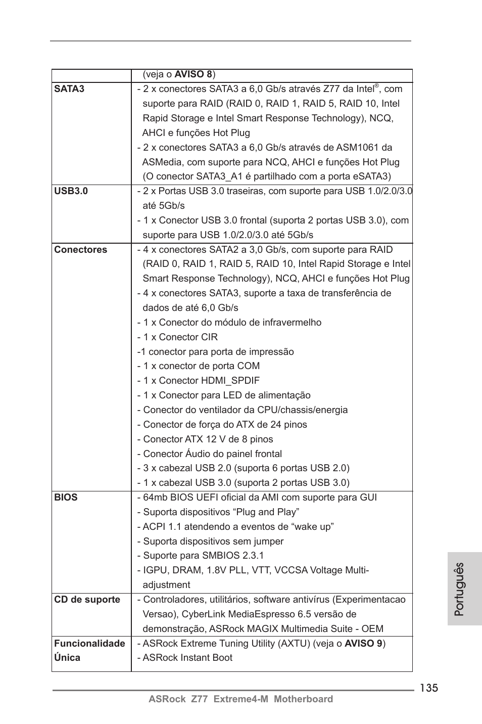 Por tuguês | ASRock Z77 Extreme4-M User Manual | Page 135 / 237