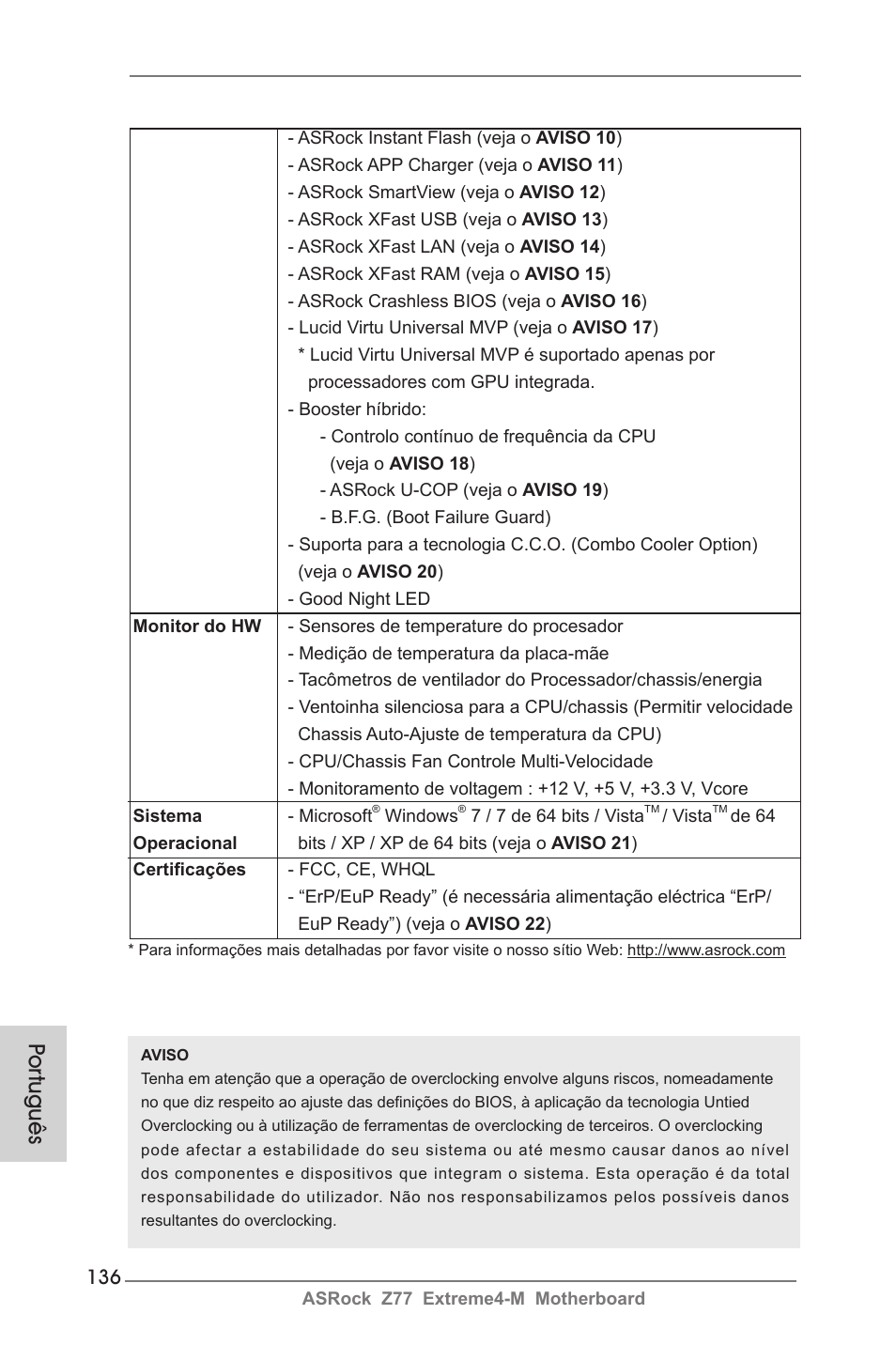 Por tuguês | ASRock Z77 Extreme4-M User Manual | Page 136 / 237