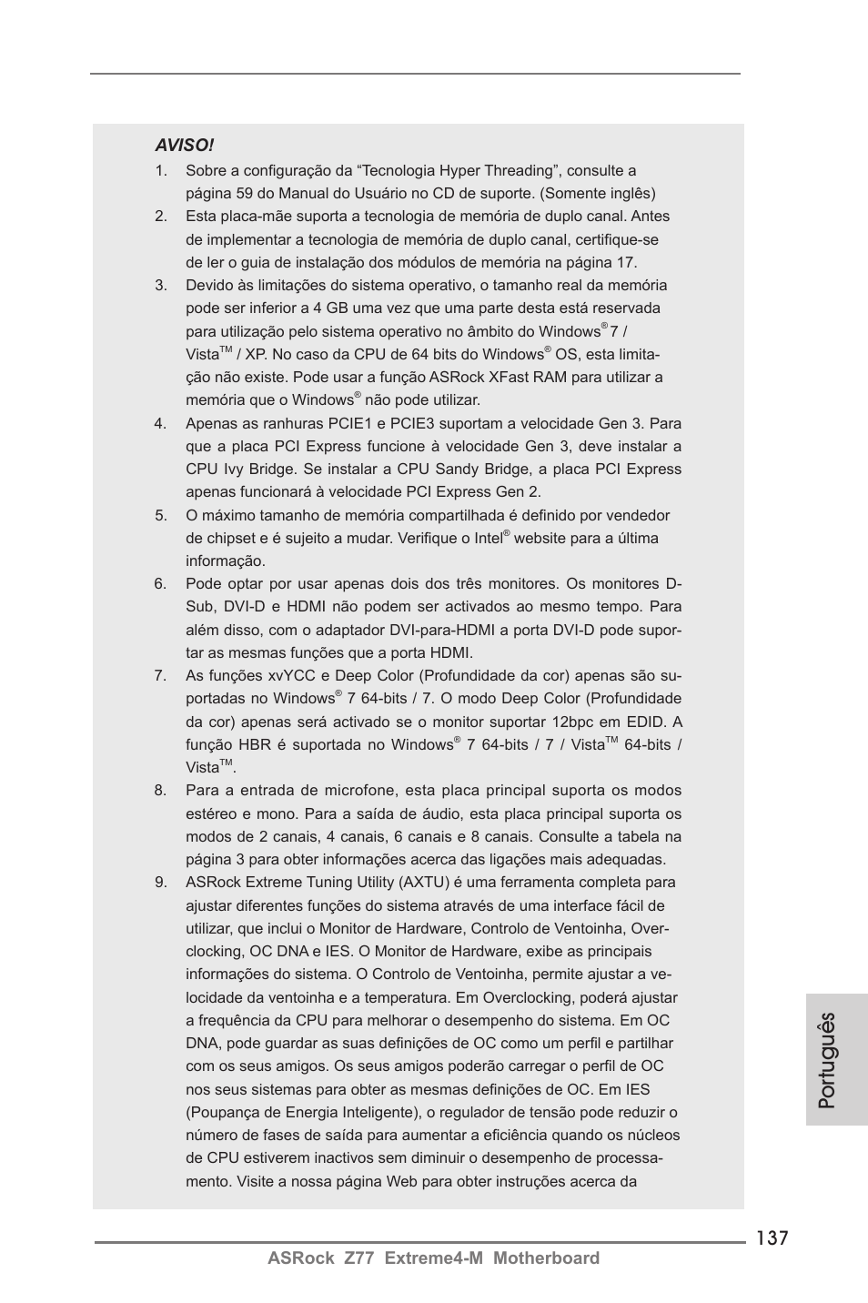 Por tuguês, Asrock z77 extreme4-m motherboard aviso | ASRock Z77 Extreme4-M User Manual | Page 137 / 237