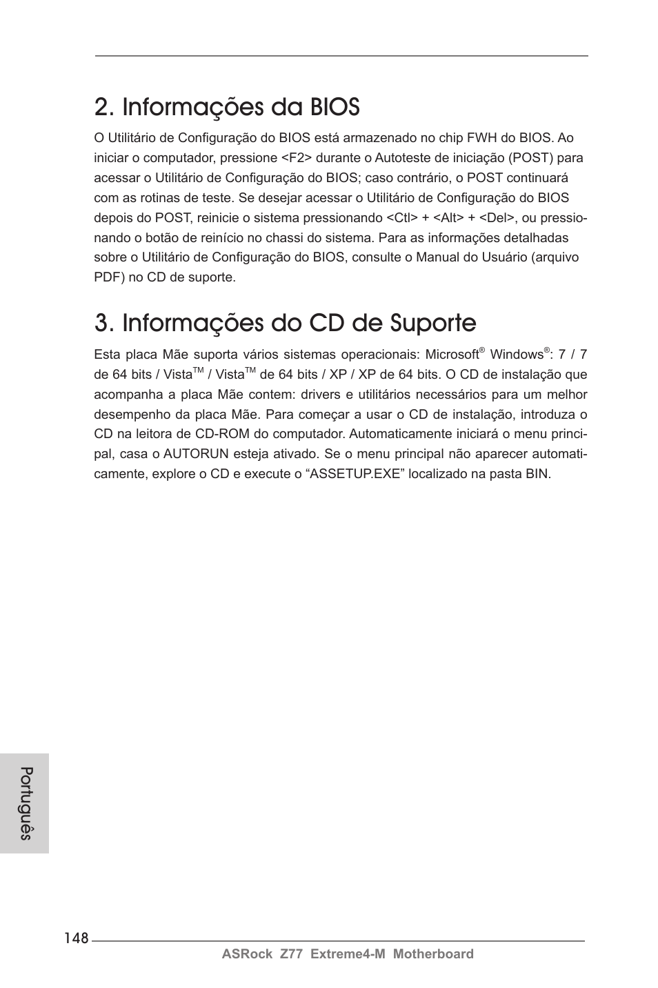 Informações da bios, Informações do cd de suporte, Por tuguês | ASRock Z77 Extreme4-M User Manual | Page 148 / 237