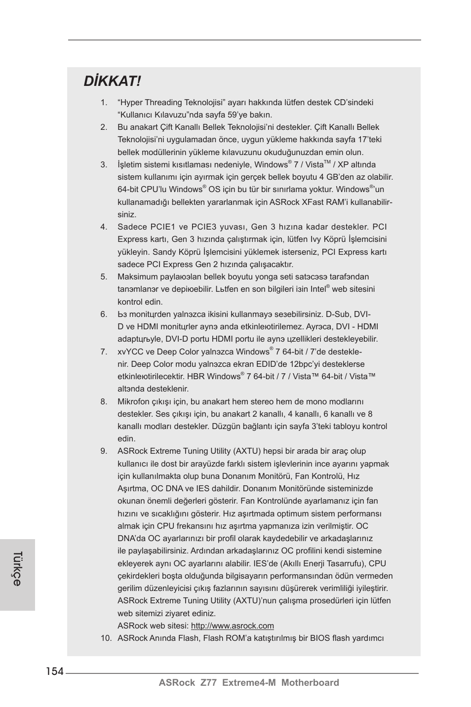 Dikkat, Türkçe, Asrock z77 extreme4-m motherboard | ASRock Z77 Extreme4-M User Manual | Page 154 / 237