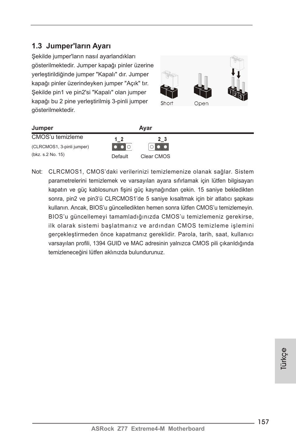 3 jumper'ların ayarı, Türkçe | ASRock Z77 Extreme4-M User Manual | Page 157 / 237