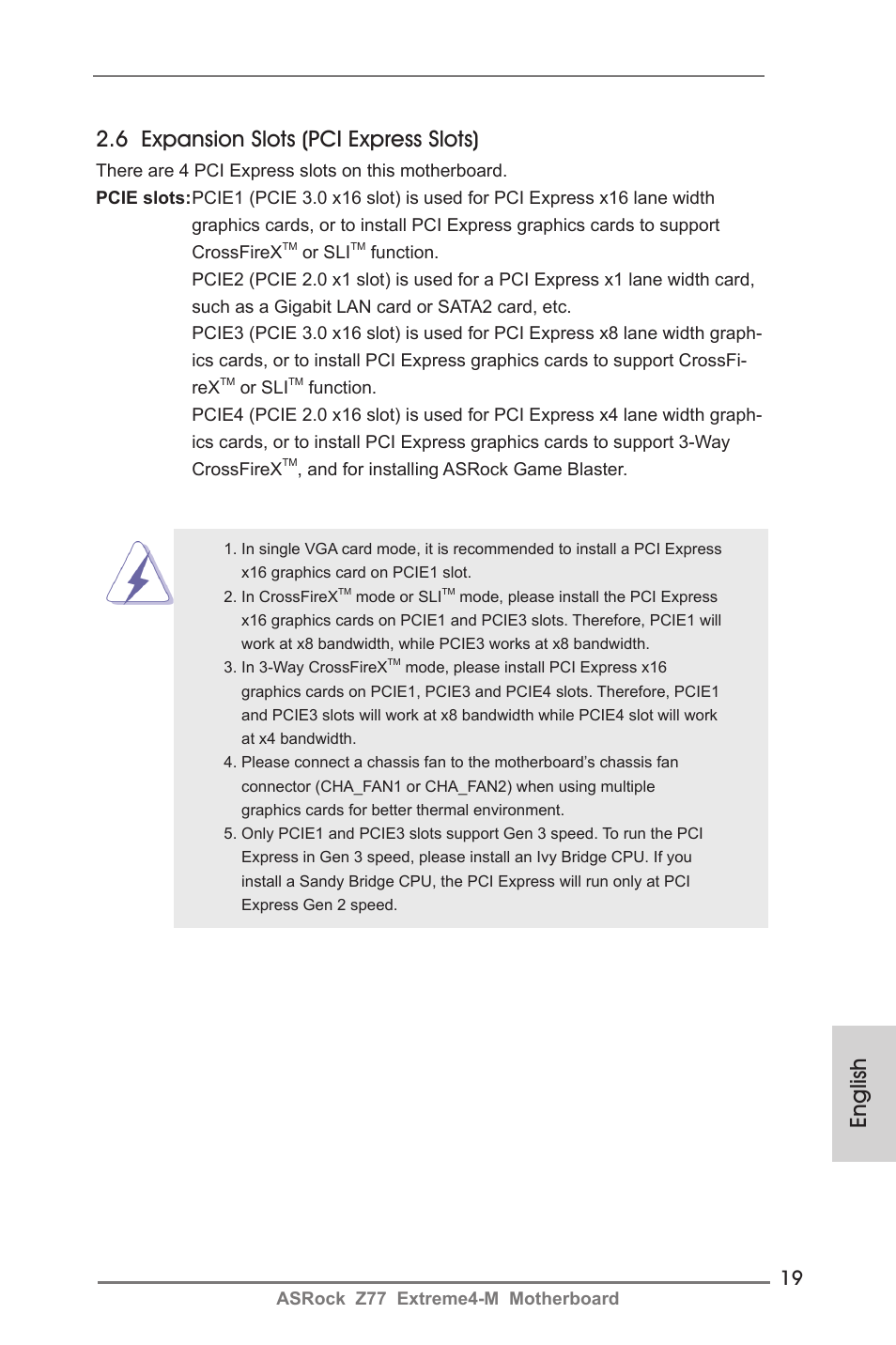 English 2.6 expansion slots (pci express slots) | ASRock Z77 Extreme4-M User Manual | Page 19 / 237