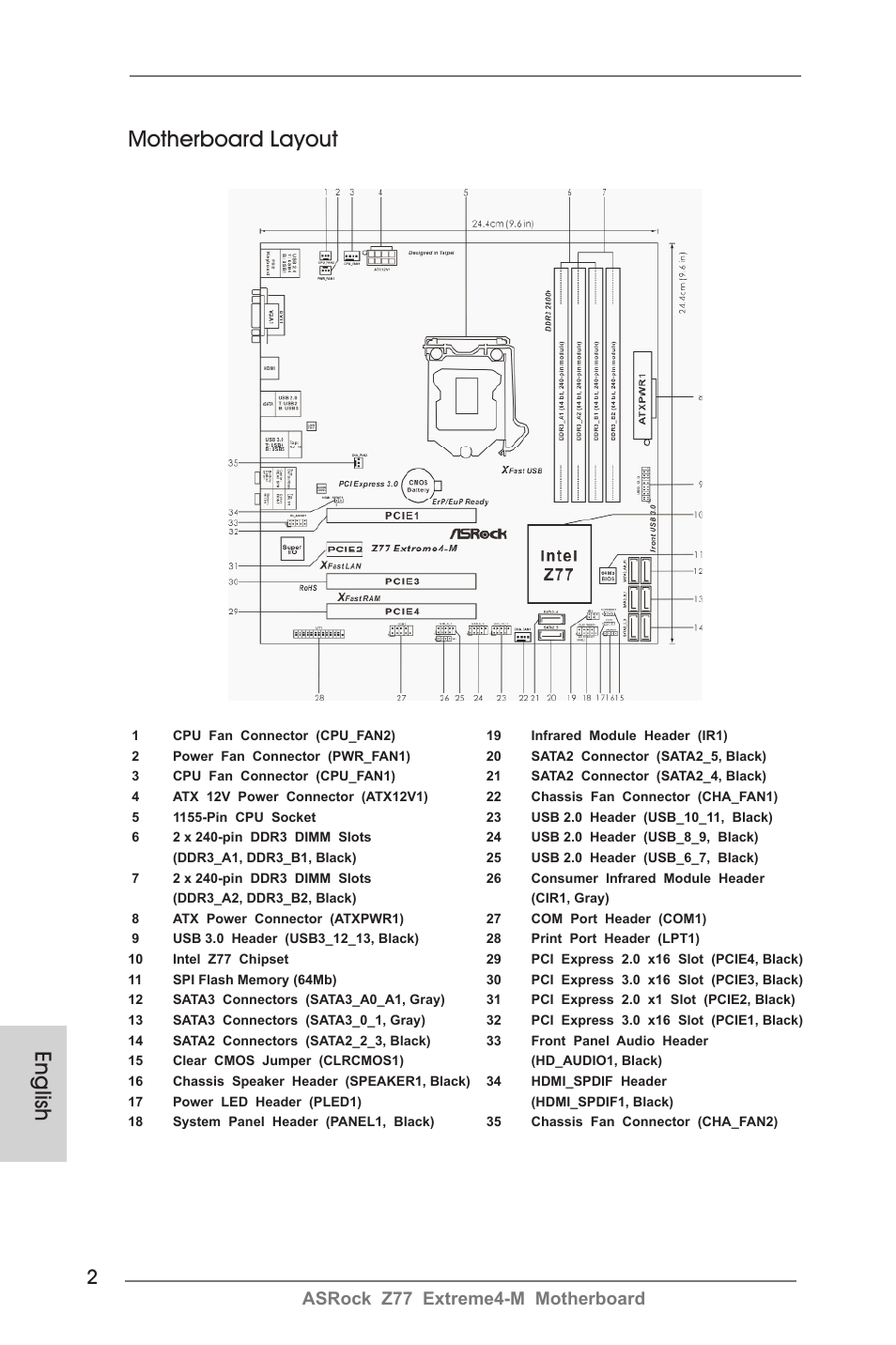 English motherboard layout, Asrock z77 extreme4-m motherboard | ASRock Z77 Extreme4-M User Manual | Page 2 / 237