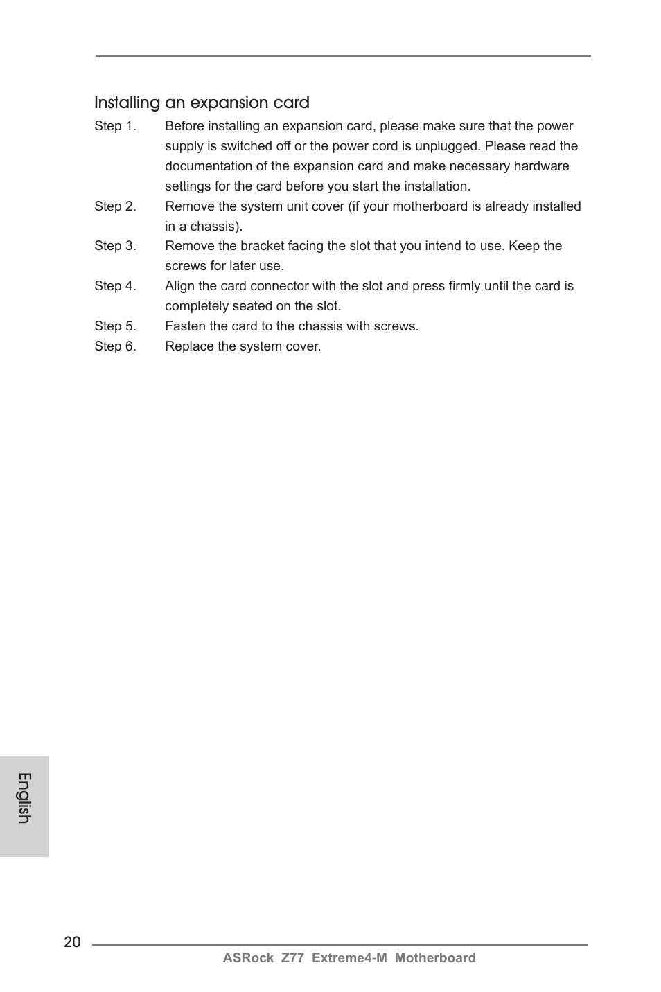English installing an expansion card | ASRock Z77 Extreme4-M User Manual | Page 20 / 237