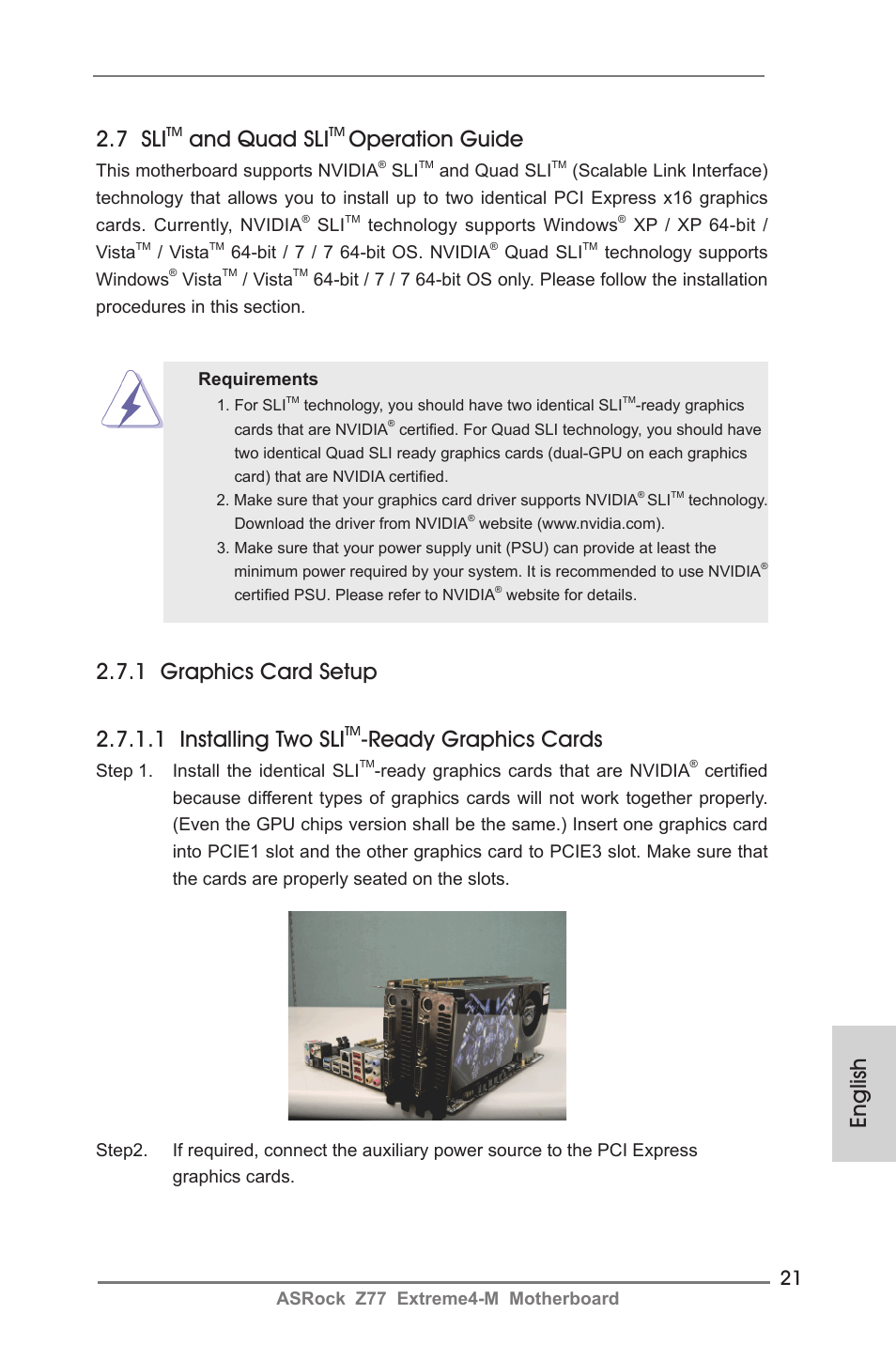 English 2.7 sli, And quad sli, Operation guide | Ready graphics cards | ASRock Z77 Extreme4-M User Manual | Page 21 / 237