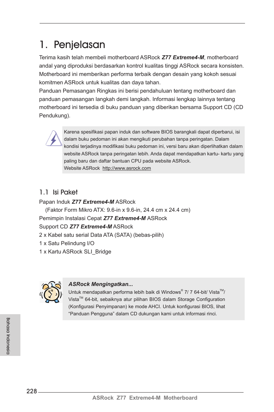 Indonesian, Penjelasan, 1 isi paket | ASRock Z77 Extreme4-M User Manual | Page 228 / 237