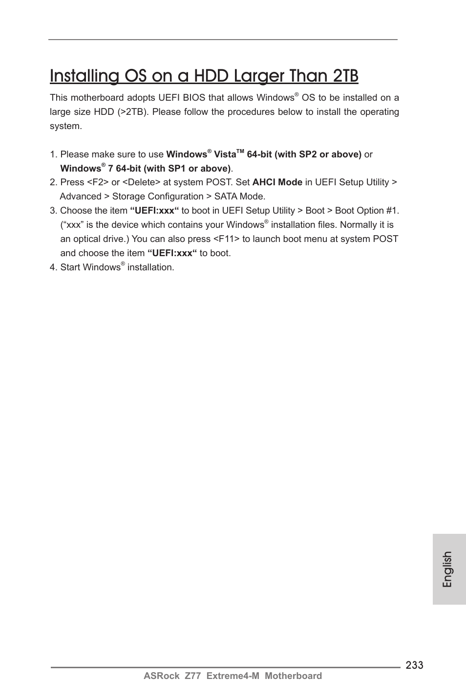 Installing os on a hdd larger than 2tb, English | ASRock Z77 Extreme4-M User Manual | Page 233 / 237